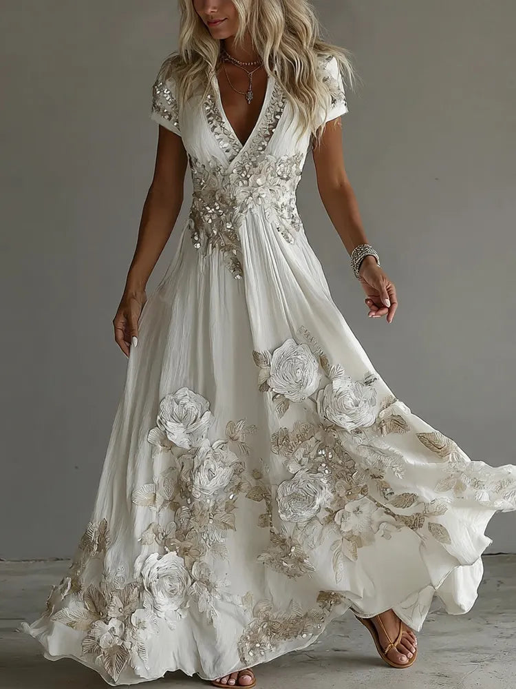 Women's Vintage Boho Floral Art  Short-sleeved Maxi Dress