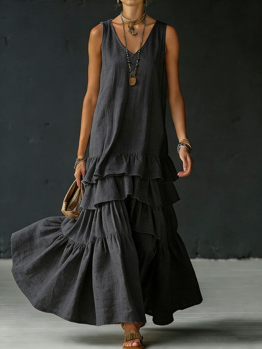Women's Cotton And Linen Loose-fitting Solid Color Vest Dress