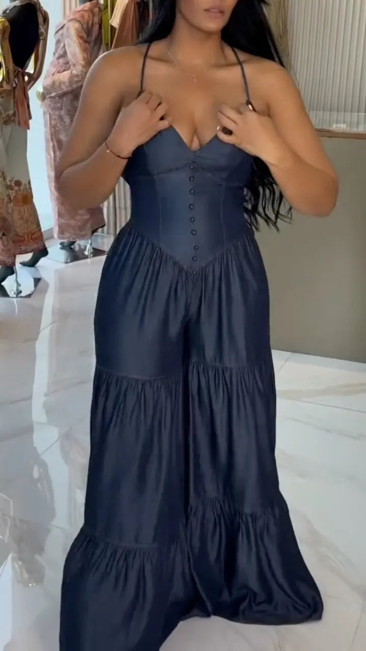 Denim Spaghetti Strap Button Down Tiered Wide Leg Jumpsuit