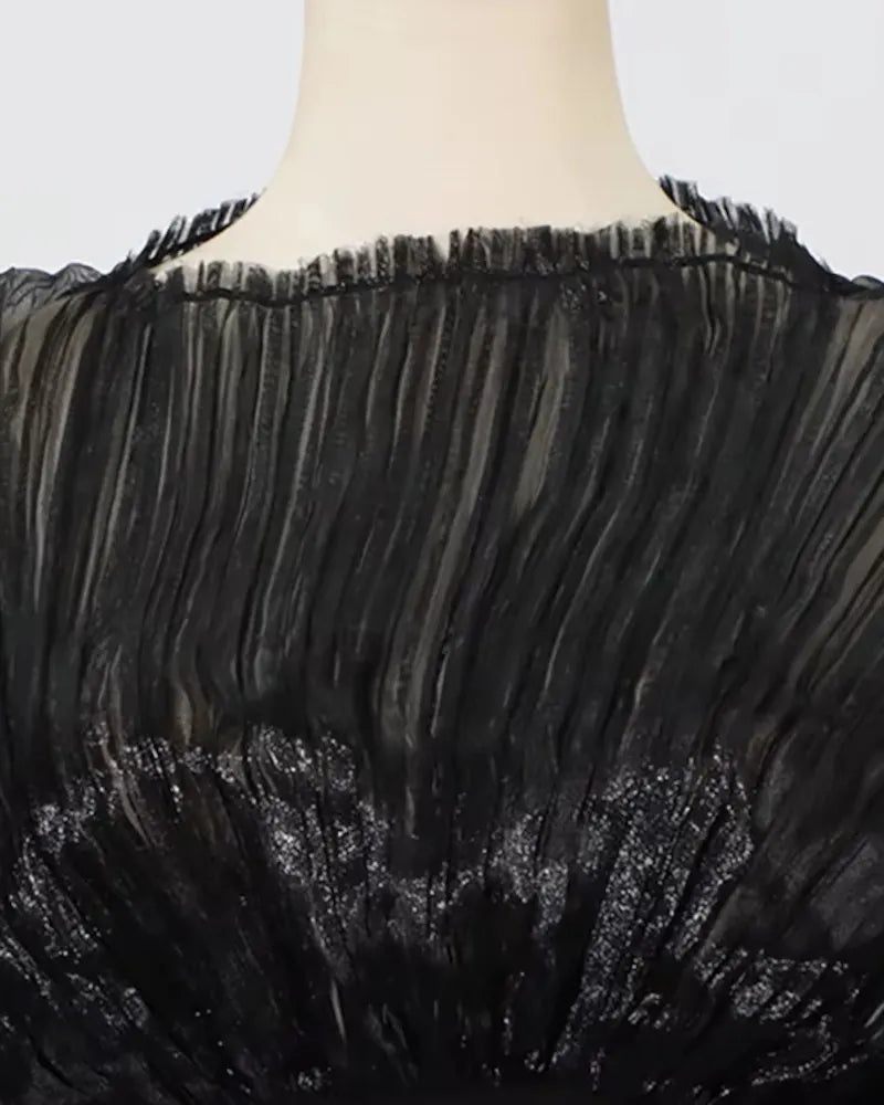 Long Sleeve Pleated Puff Dress Black