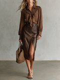 Urban Boho Plaid Tie Blouse & High Slit Midi Skirt Set