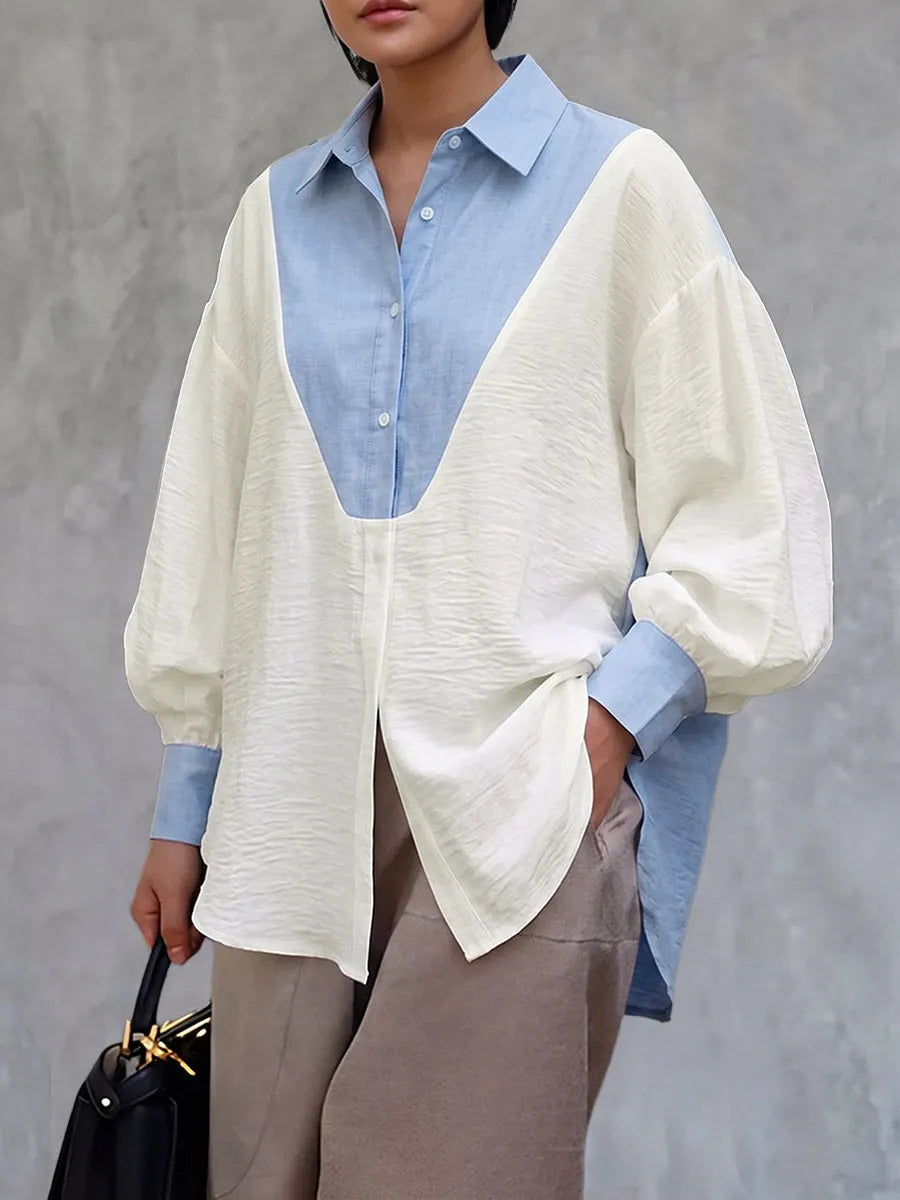 Split-Joint Contrast Color Buttoned Loose Long Sleeves Lapel Blouses&shirts Tops