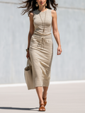 Minimalist Beige Striped Sleeveless Tie-Waist Skirt Set