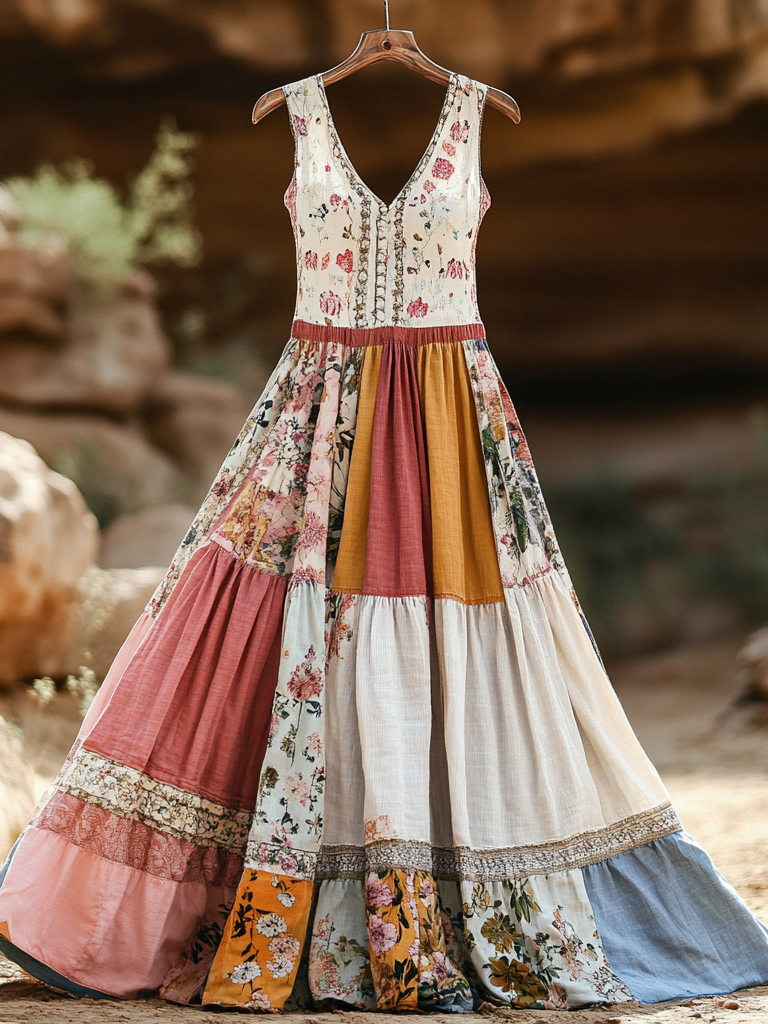 Women's Vintage Bohemian Applique Art Cotton And Linen Dress