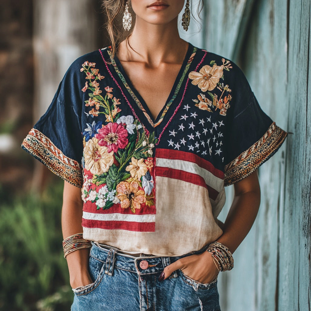 Women's Floral Embroidery Independence Day Flag Short Sleeve V Neck Casual Linen Top