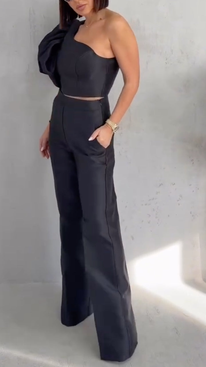 One Shoulder Puff Sleeve Crop Top &  Straight Pants Two Piece Set
