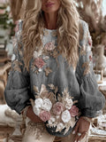 Women's Vintage Romantic White Rose Embroidery Art Comfy Linen Long Sleeve Shirt