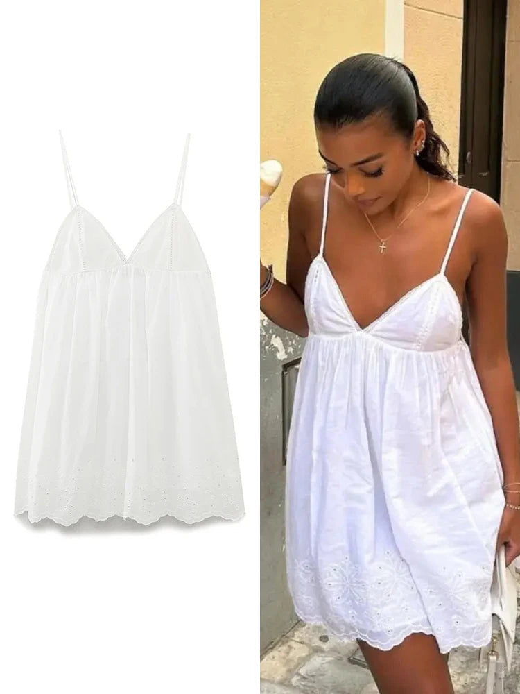 Amaris White Embroidered Cotton Mini Sundress – Strappy Summer Holiday Day Dress for Women