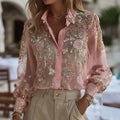 Women's Pink Rose Embroidered Art Long Sleeve Shirt