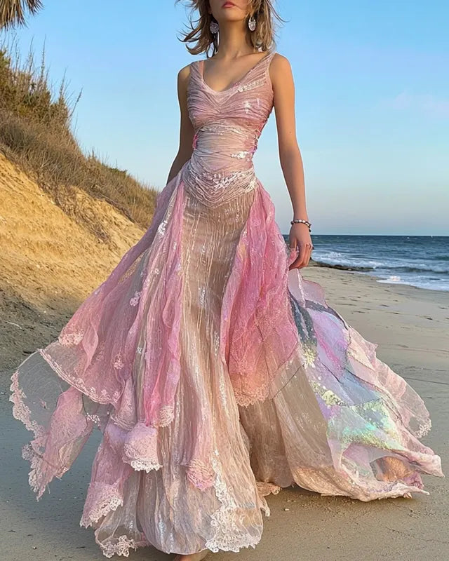 Summer Vacation Seaside Ruffle Lace Patchwork Dress 97a8