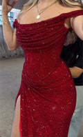 Wine Red Off Shoulder Draped Ruched Sparkle Mesh High Slit Mermaid Evening Maxi Dress For Wedding Guest Prom Gala Birthday Party