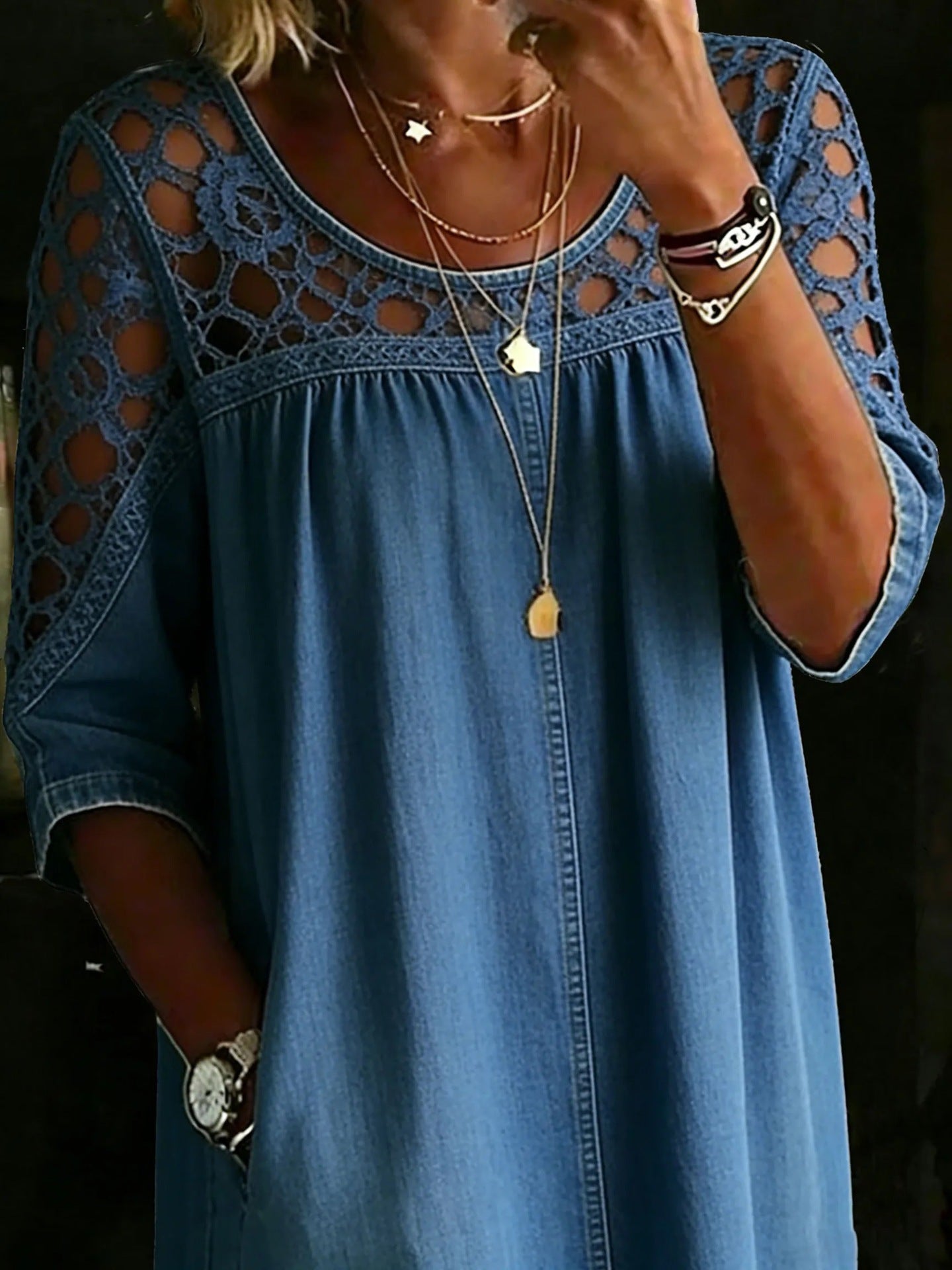 Women's Boho Lace Patchwork Denim Blouse - Loose Fit 3/4 Sleeve Top