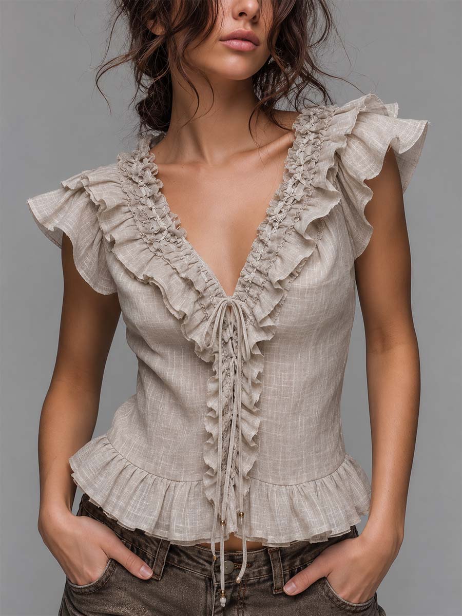 Bohemian Beige Linen-Blend Ruffled Lace-Up Peplum Top