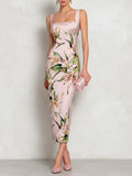 Pink Floral Satin Square Neck Sleeveless Midi Dress