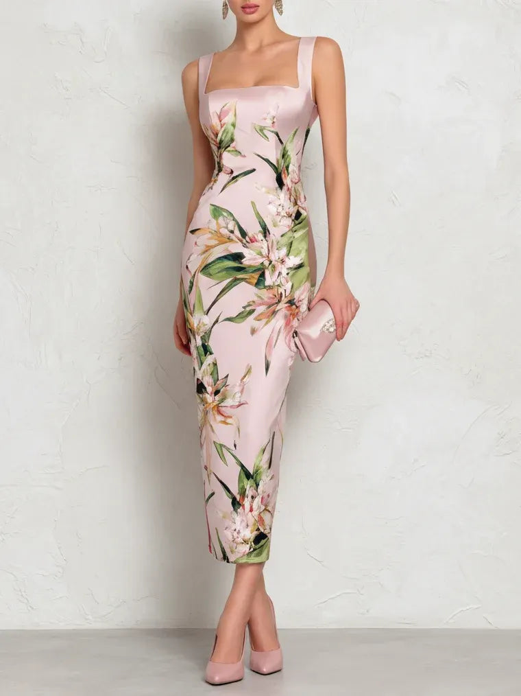 Pink Floral Satin Square Neck Sleeveless Midi Dress