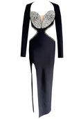 Long Sleeve Crystal Bustier Cut Out Maxi Dress Black