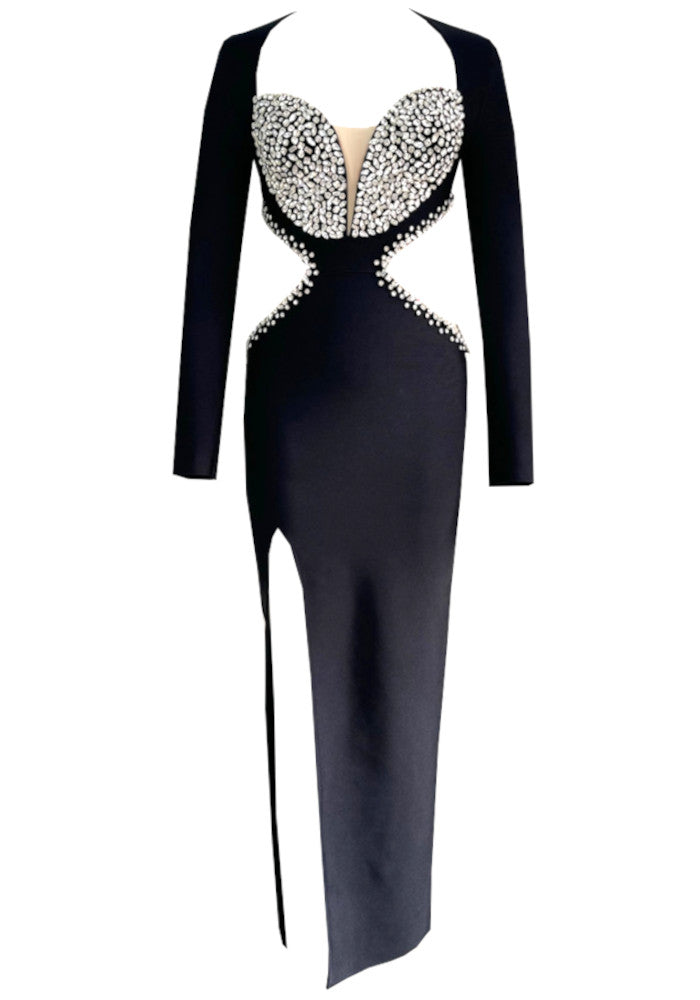 Long Sleeve Crystal Bustier Cut Out Maxi Dress Black