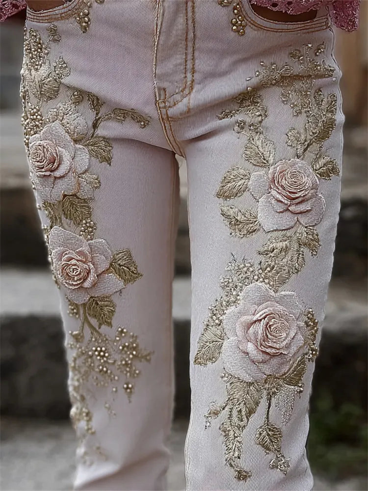 Classy Pink Roses Glitter Embroidered Skinny Jeans