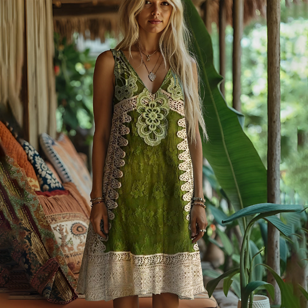 Boho Vintage Lace Patchwork Women's Linen Vest Dress
