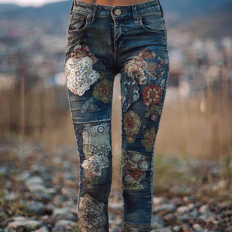 Boho Floral Lace Embroidered Vintage Skinny Jeans