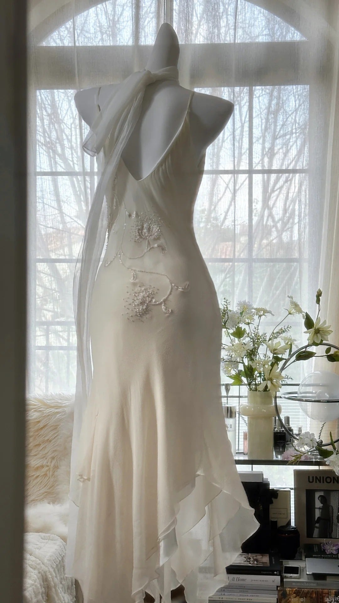 Ivory White Elegant Fashion Exquisite Floral Beading Long Chiffon Ball Gown Evening Dress Party Dress 4006