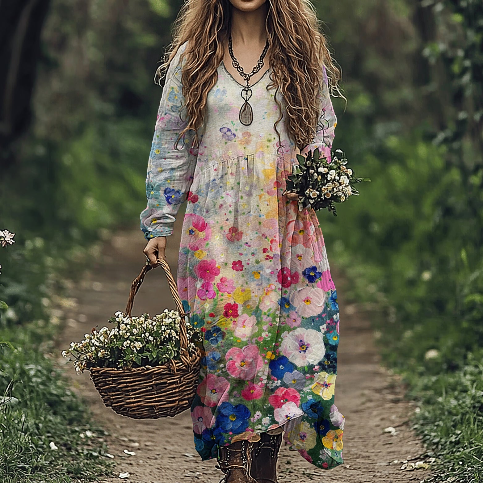 Women's Vintage Flowers Art Linen Blend Maxi Dress