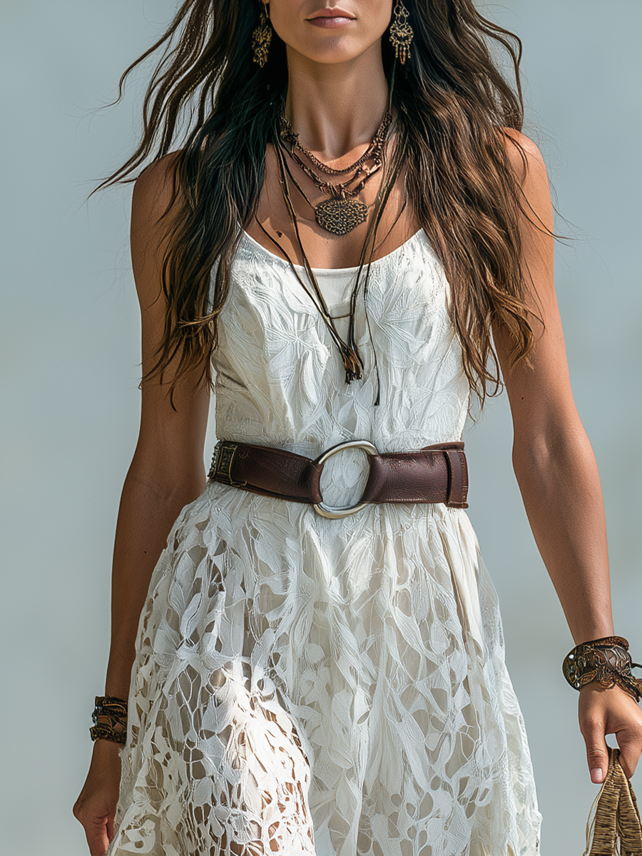 Romantic Ivory Lace Sleeveless Midi Dress