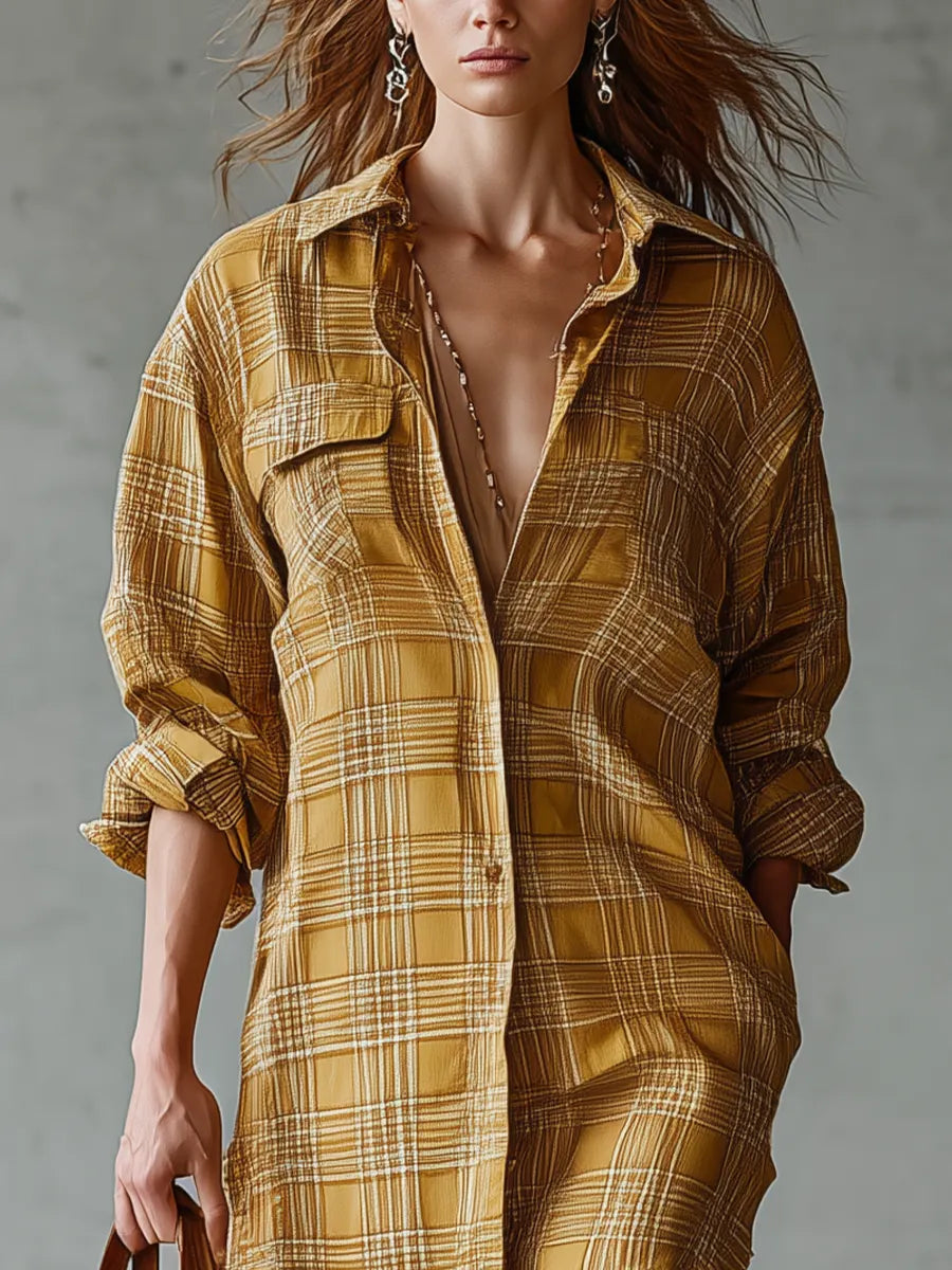 Effortless Chic Oversized Checkered Tunic Midi Dress