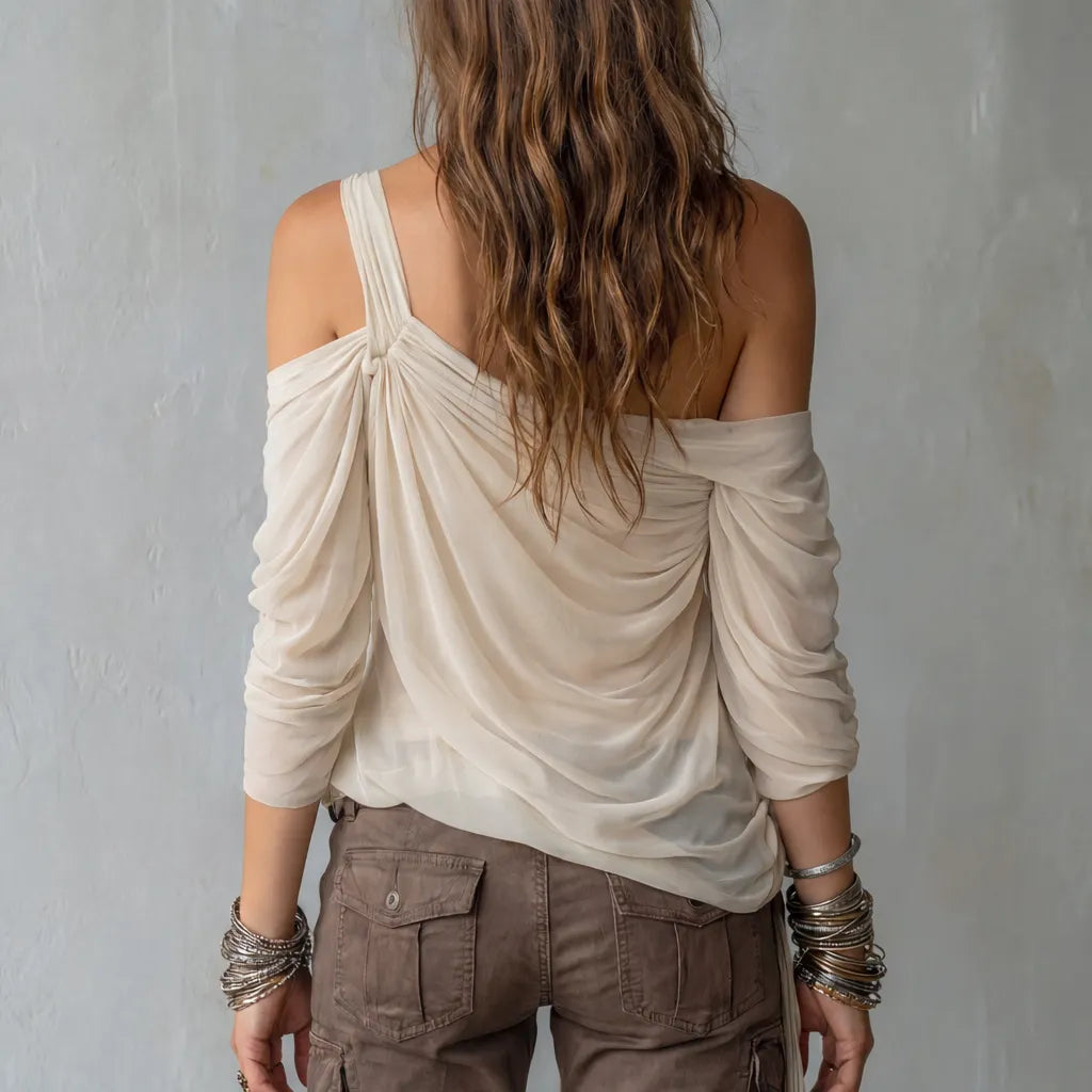Bohemian Draped Off-Shoulder Floral Chiffon Blouse