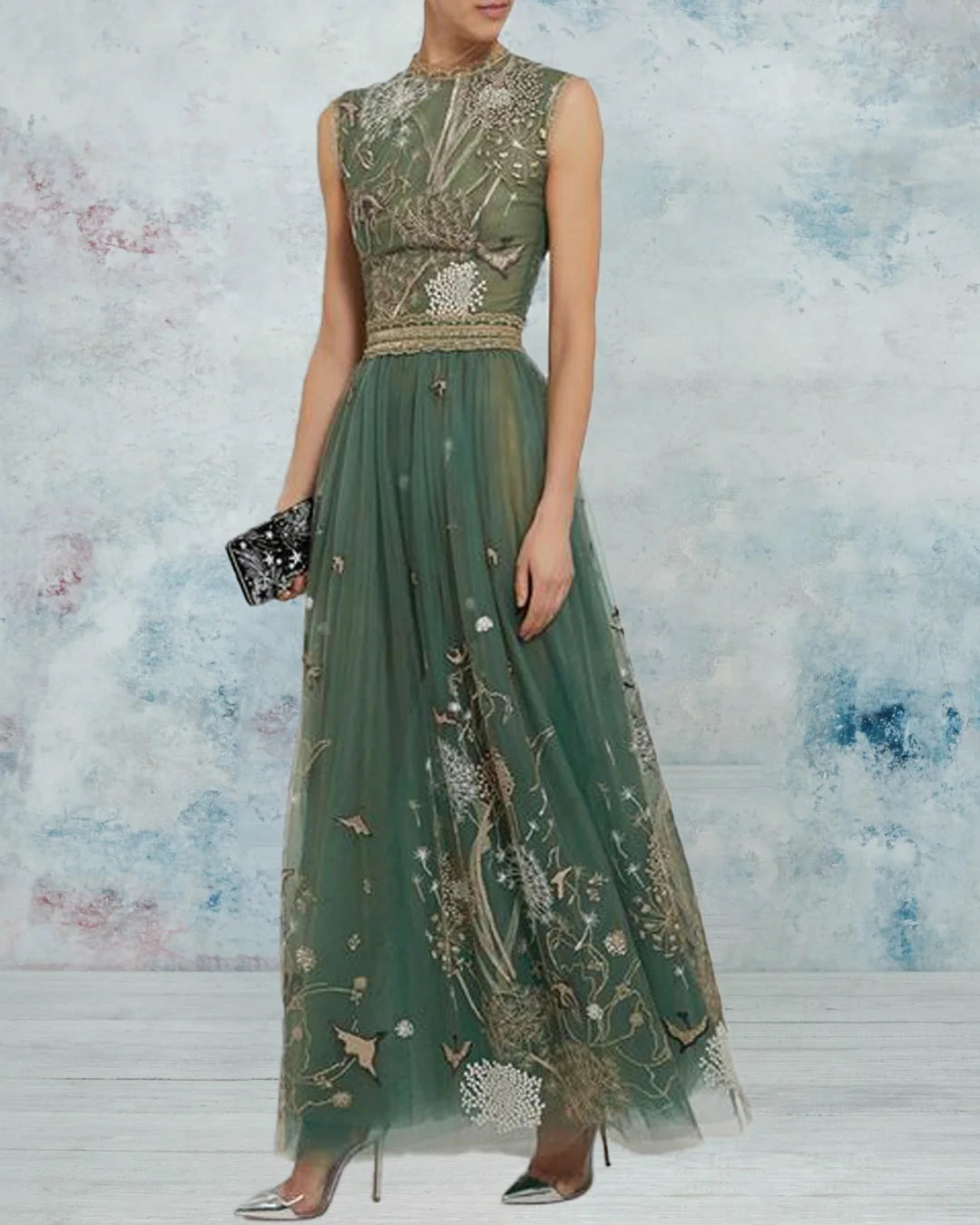 Nature Embroidered Mesh Dress Gown - 01