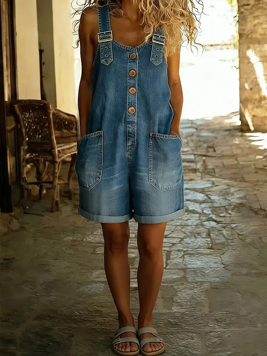 Women's Summer Lightweight Denim-Style Overalls - Adjustable Strap Short Jumpsuit with Pockets