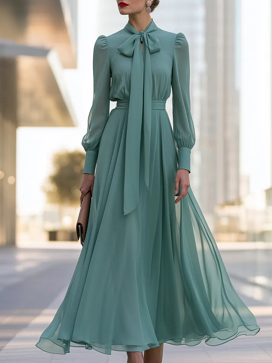 Chiffon Bow-Neck Long-Sleeve Maxi Dress