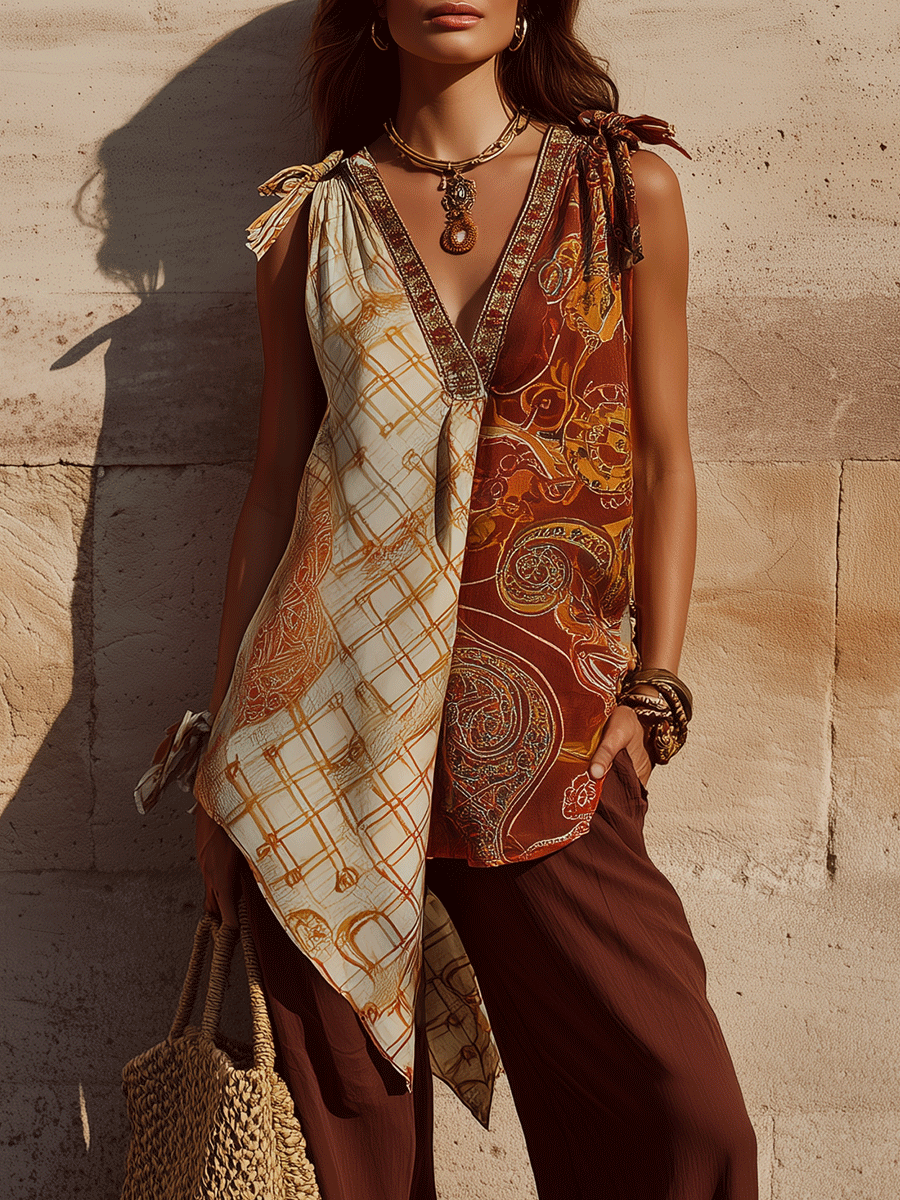 Bohemian Asymmetric Panel Soft Silhouette Casual Tunic Top And Pant Set