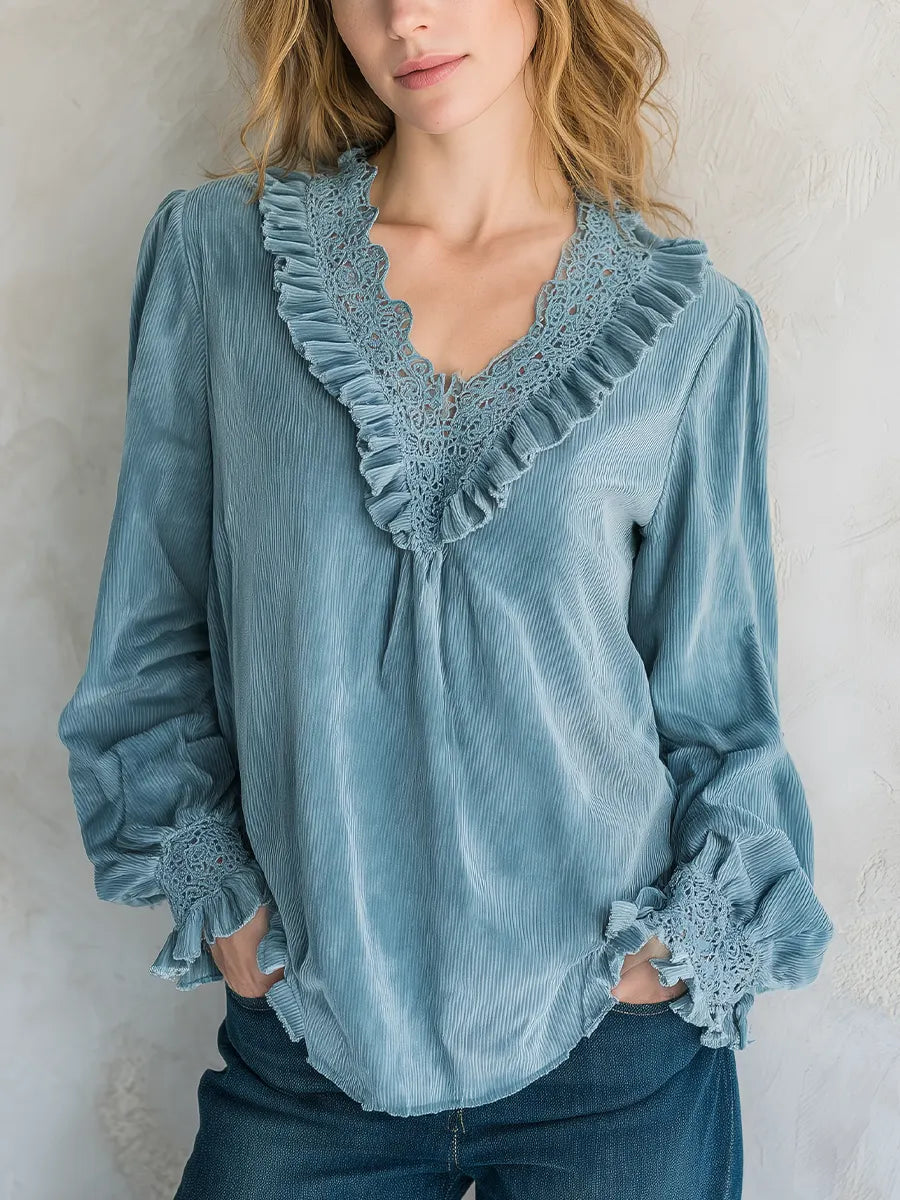 Bohemian Gray-blue Lace Corduroy Shirt