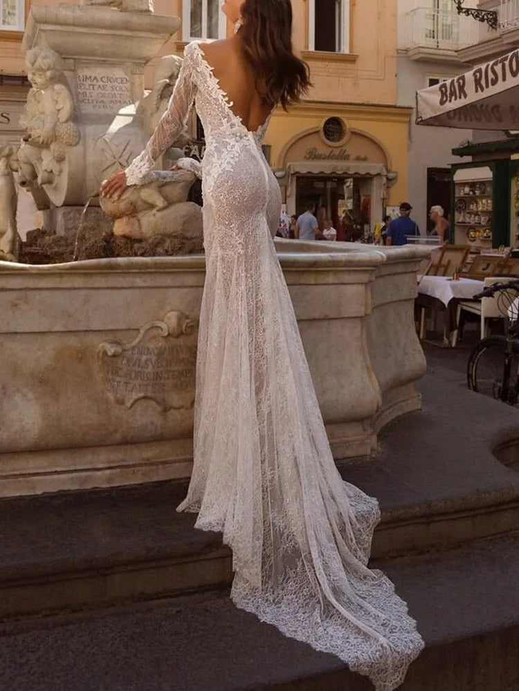Sexy V-Neck Embroidered Lace Backless Wedding Maxi Dress