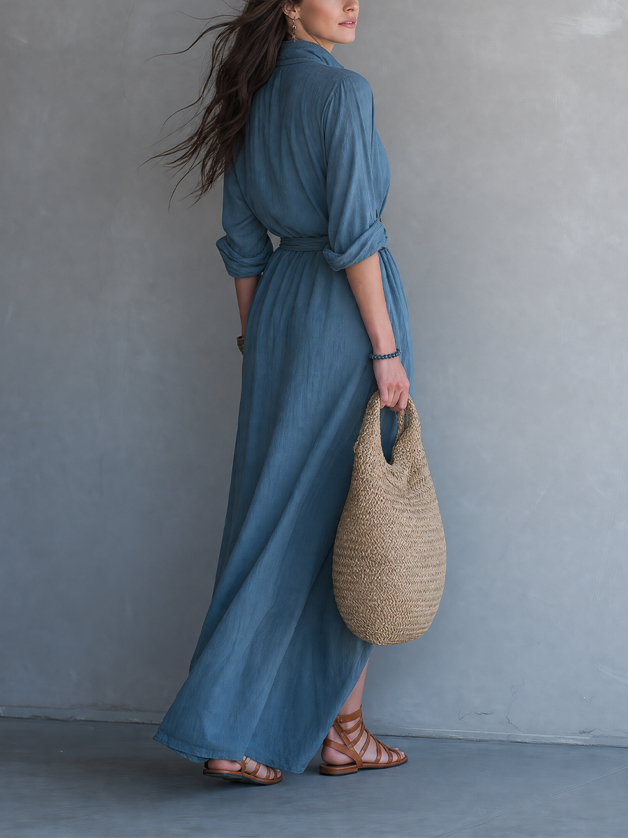 Effortless Resort Blue Button Front Maxi Dress