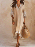 Effortless Coastal Breeze Relaxed Fit Kaftan Beige Midi Dress