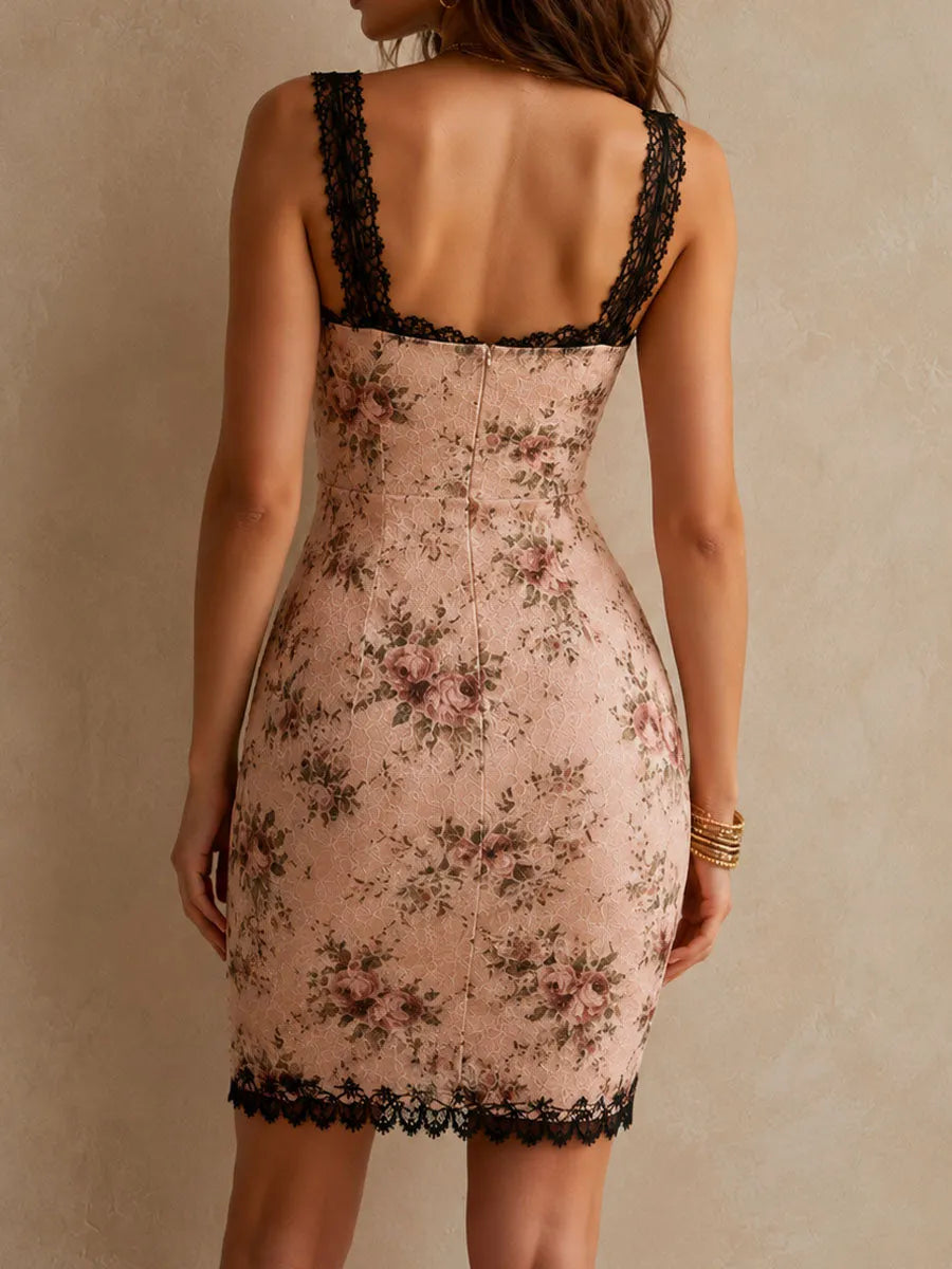 Retro Romantic Blush Floral Black Lace Trim Mini Dress