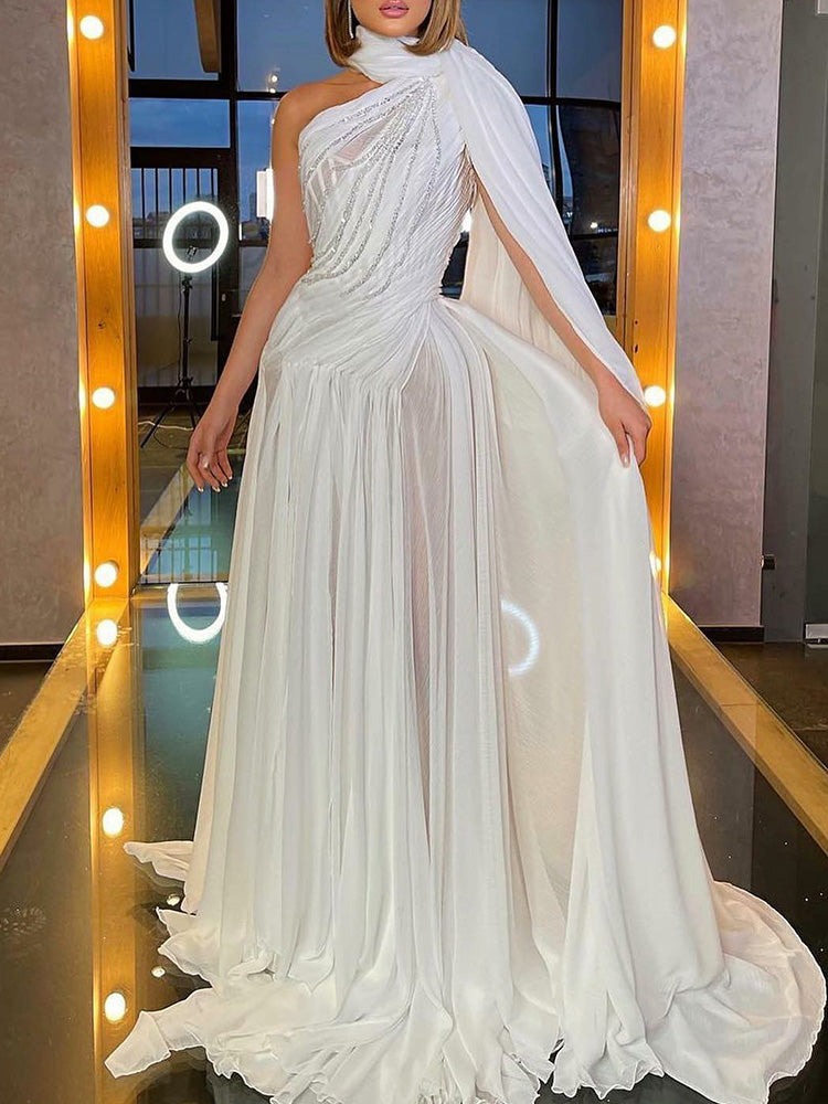 Simple Wedding Sleeveless Asymmetric Ruffled White Maxi Dresses
