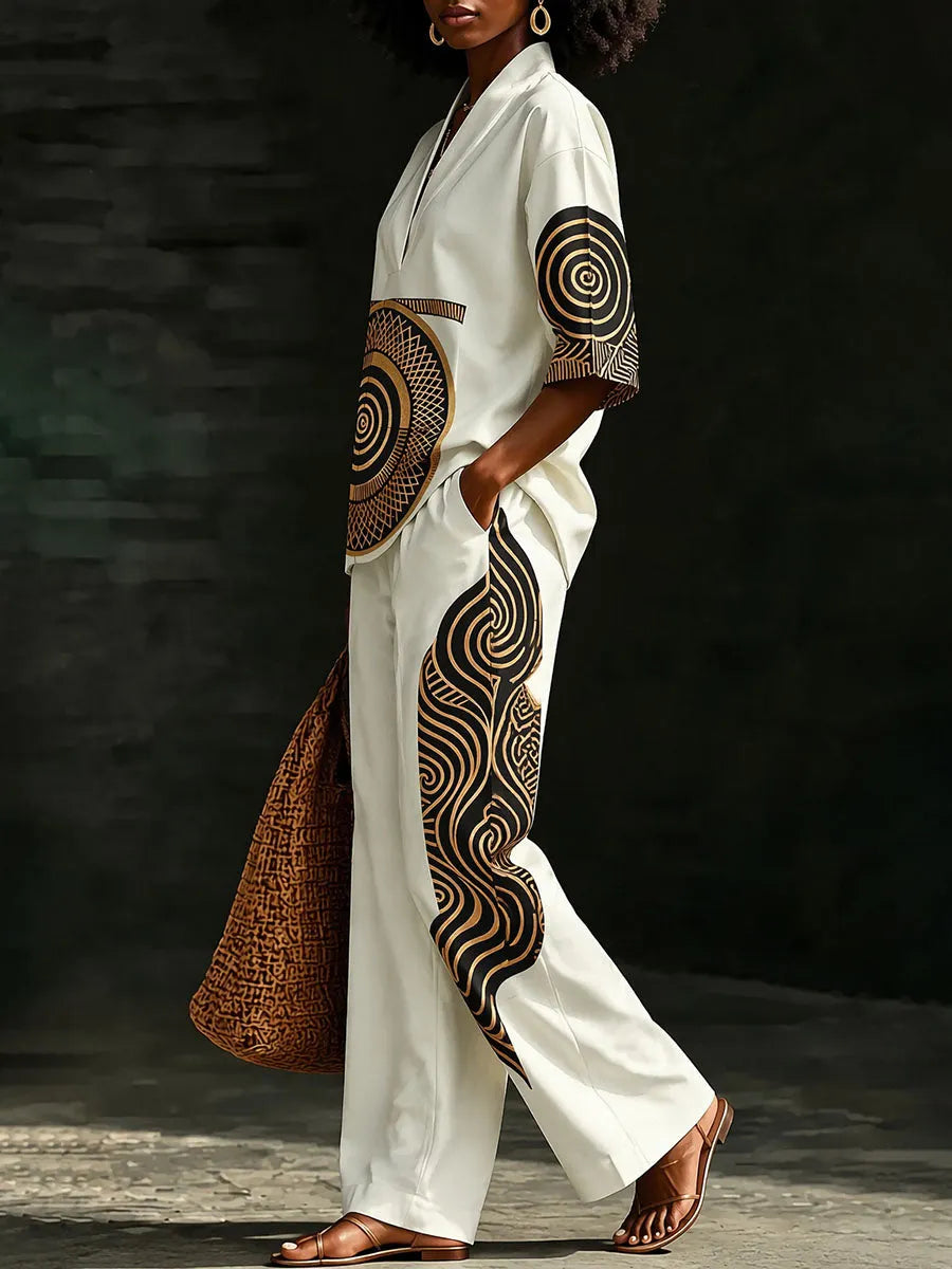 Printed Contrast Color Loose Half Sleeves V-neck Blouses&shirts Tops