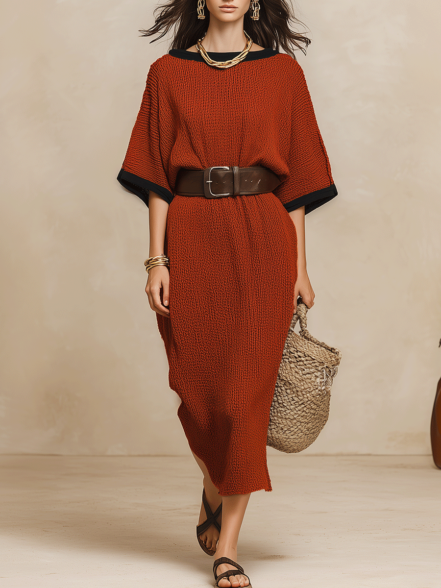 Minimalist Autumn Sweater-Knit Round-Neck Cocoon Brick Red Maxi Dress