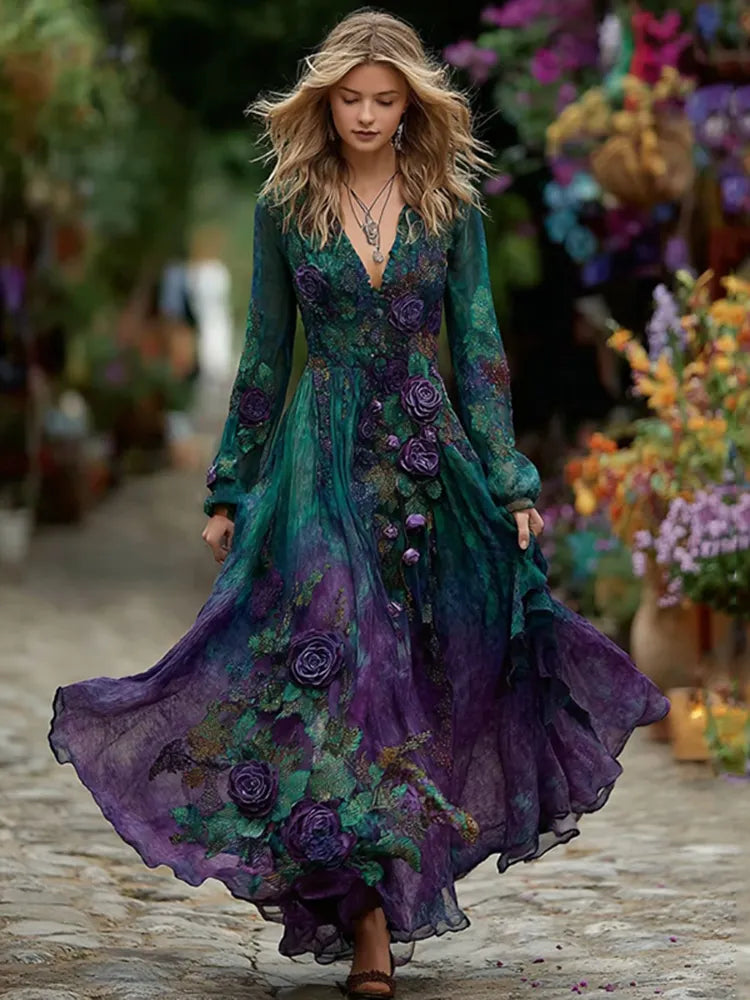 Women's Vintage Purple Rose Gradient Art Long Sleeve Dress