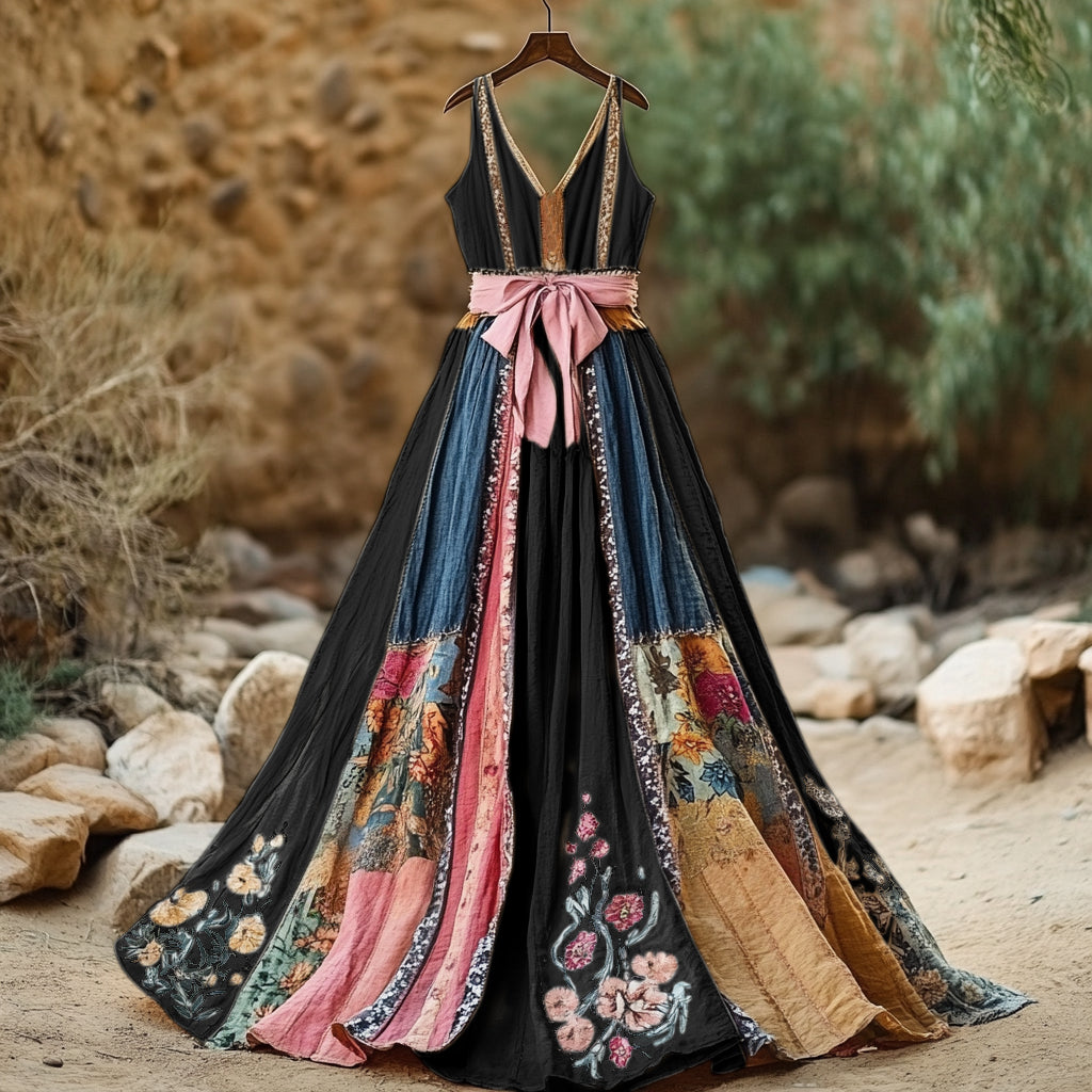 Women's Vintage Floral Art Linen Dress