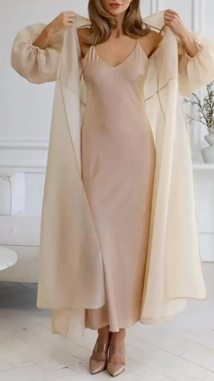 Two Piece Champagne Satin Midi Dress with Organza Puff Sleeve Cardigan