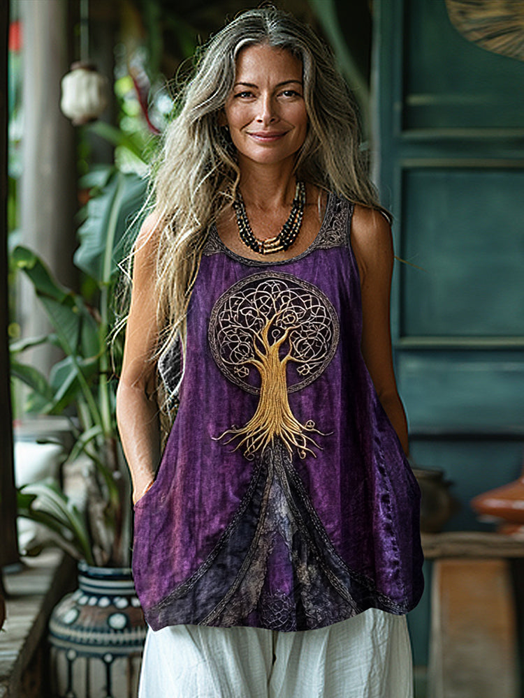 Vintage Tree Of Life Graphic Art Linen Suspender Sleeveless Top