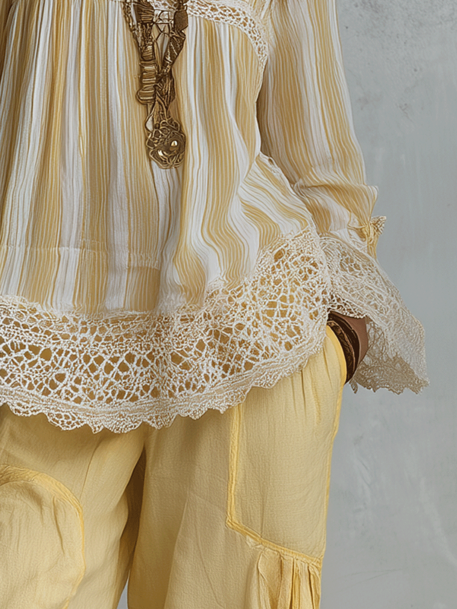 Elegant Vacation Vintage Lace Panel Peasant Blouse
