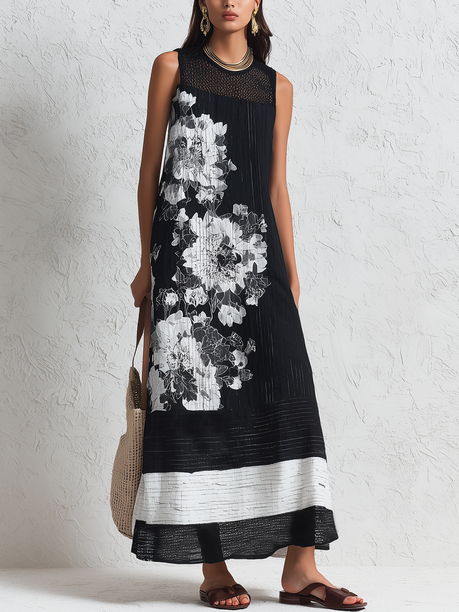 Chic Black Floral Print Sleeveless Midi Dress