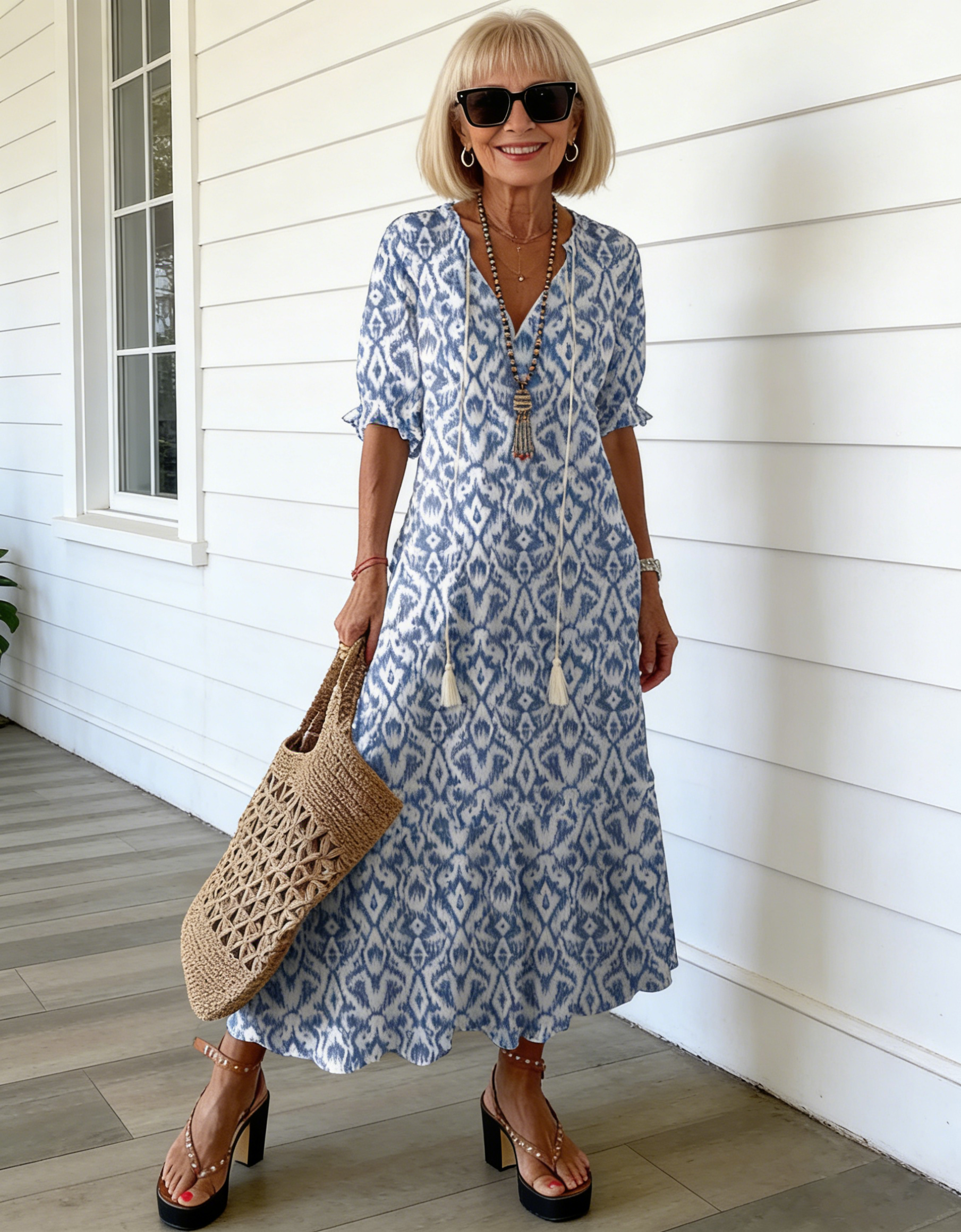 Half Sleeve Floral Print Summer Fall V Neck Casual Geometric Printed Dress