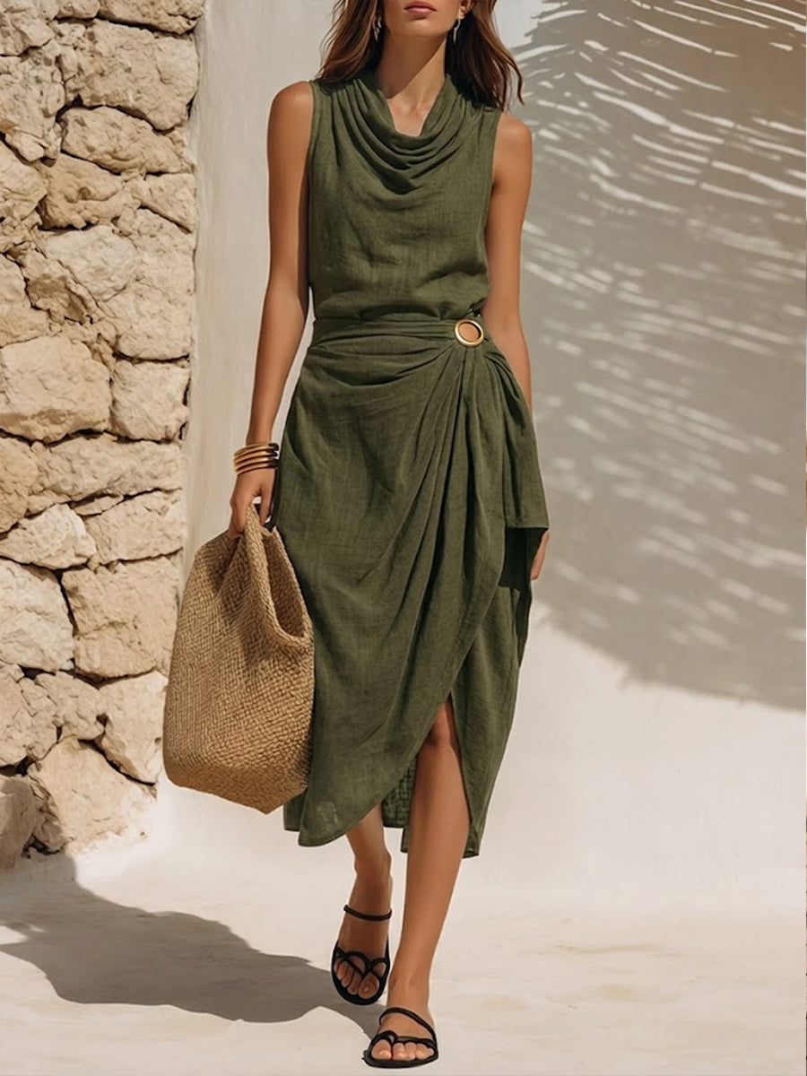 Stylish Casual Sleeveless Linen-cotton Cowl-neck Dress