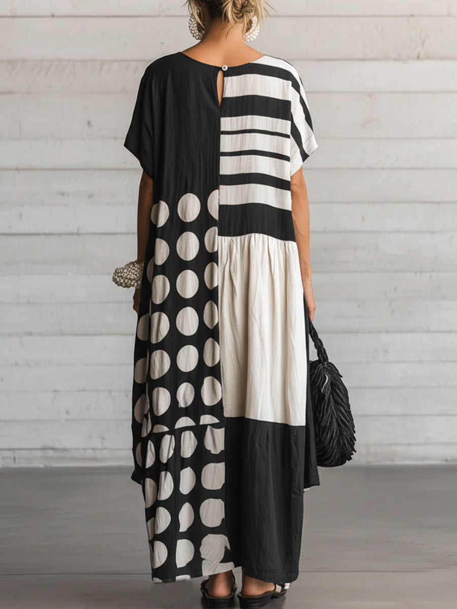 Women's Casual Loose Cotton-linen Dress With Polka Dot & Geometric Print Round Neck And Short Sleeves